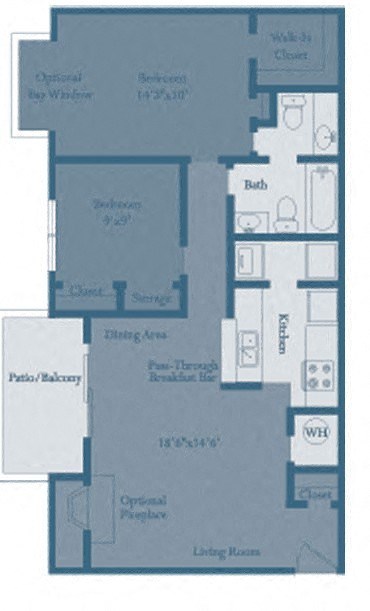 Floor plan for 2 beds, 1 bath, 909 sqft